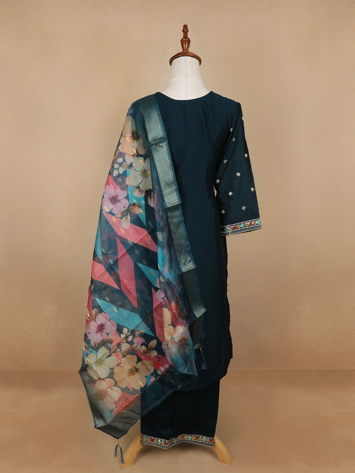 Dark Green Floral Designed Semi Silk Salwar Suit - Diadem