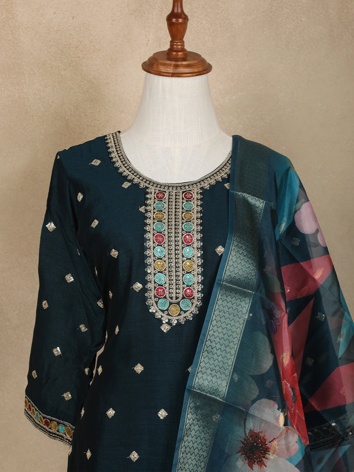 Dark Green Floral Designed Semi Silk Salwar Suit - Diadem