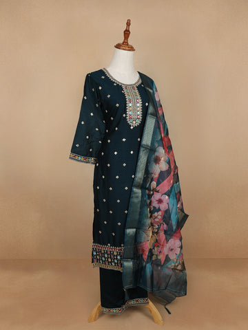 Dark Green Floral Designed Semi Silk Salwar Suit - Diadem