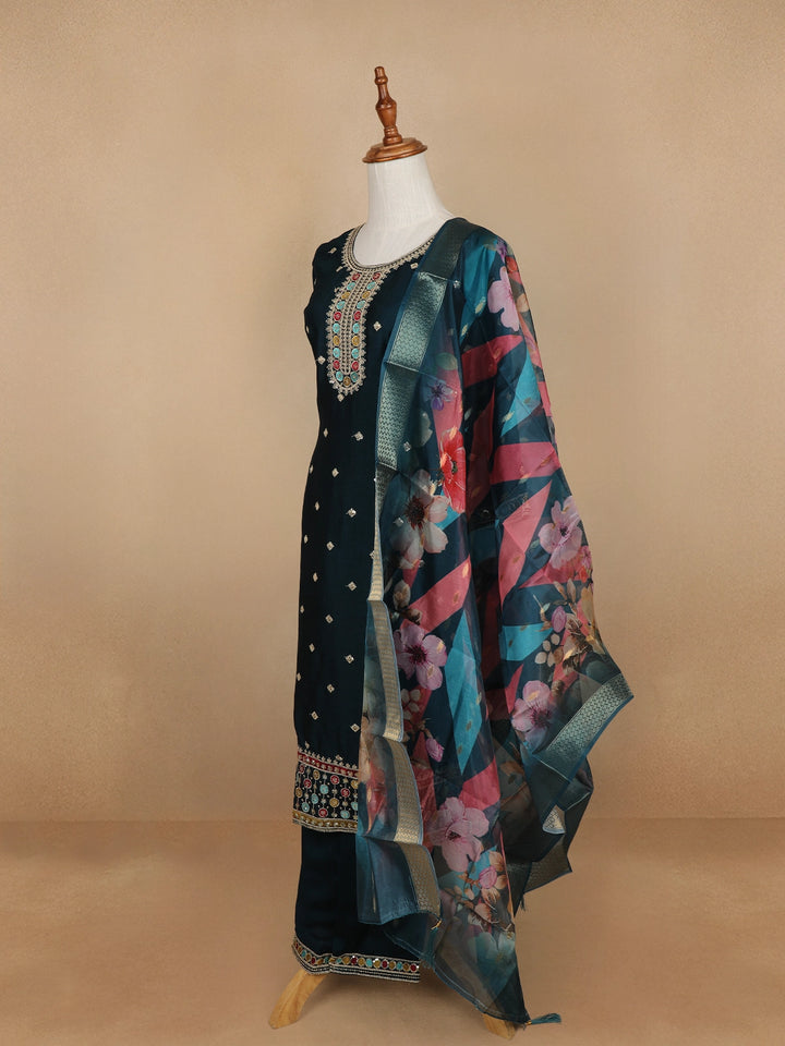 Dark Green Floral Designed Semi Silk Salwar Suit - Diadem