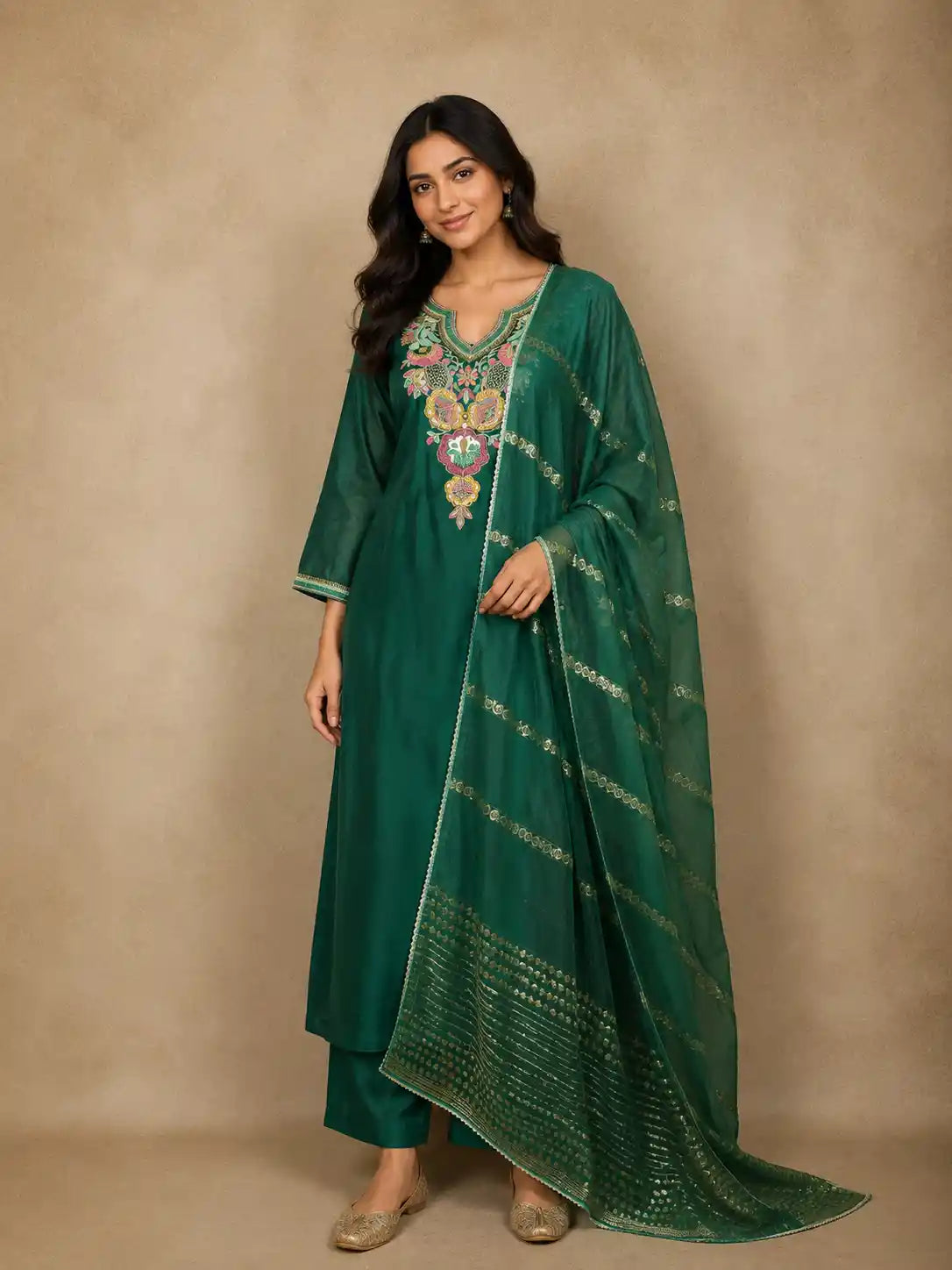 Dark Green Floral Embroidered Silk Cotton Salwar Suit with Dupatta