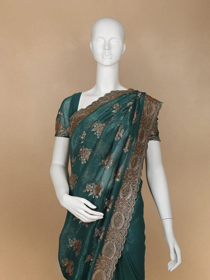 Dark Green Floral Embroidery Chiffon Silk Saree - Diadem