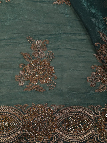 Dark Green Floral Embroidery Chiffon Silk Saree - Diadem