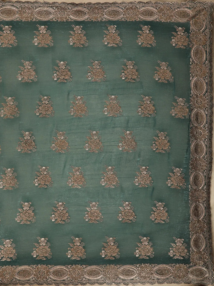 Dark Green Floral Embroidery Chiffon Silk Saree - Diadem