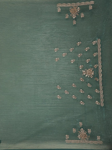 Dark Green Floral Embroidery Chiffon Silk Saree - Diadem