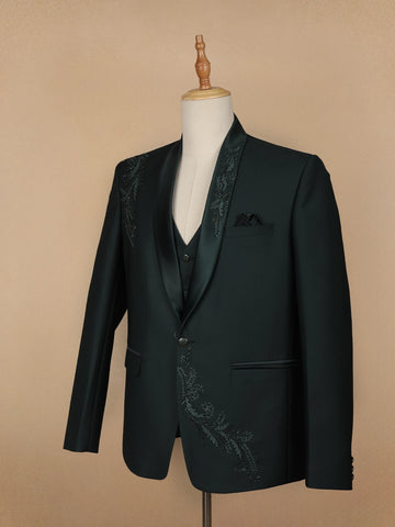 Dark Green Floral Embroidery Men's Suit - Diadem