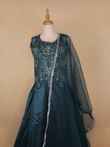 Dark Green Floral Embroidery Organza Gown - Diadem