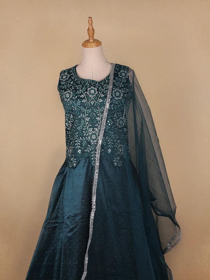 Dark Green Floral Embroidery Organza Gown - Diadem