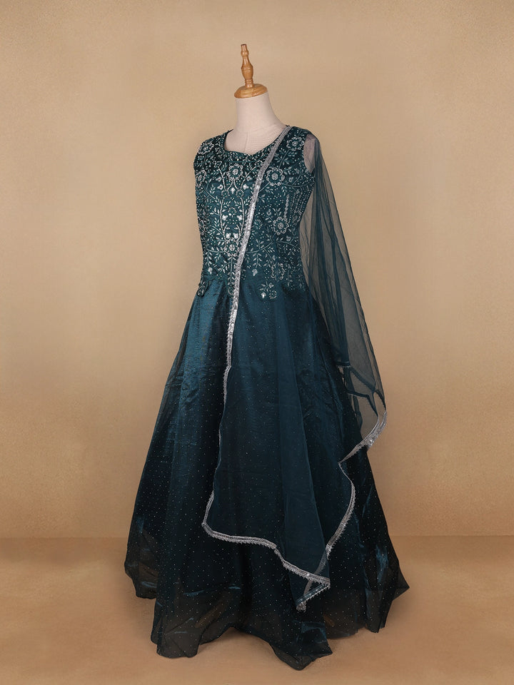 Dark Green Floral Embroidery Organza Gown - Diadem