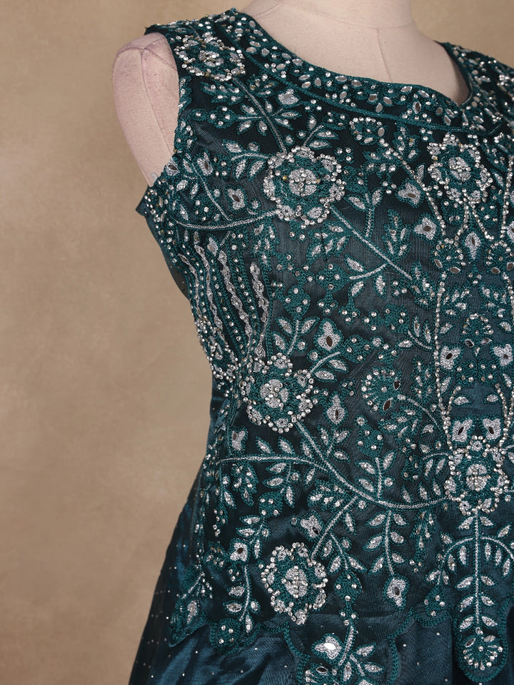 Dark Green Floral Embroidery Organza Gown - Diadem