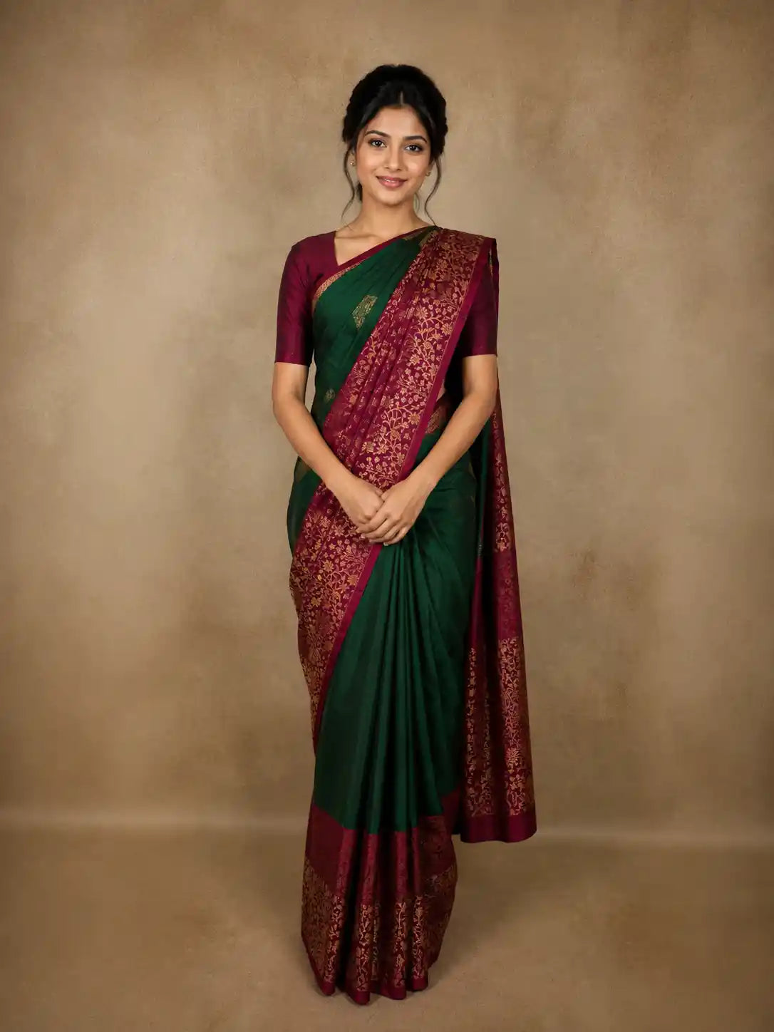 Dark Green Floral Woven Design Pure Kanchipuram Silk Saree with Contrast Floral Border