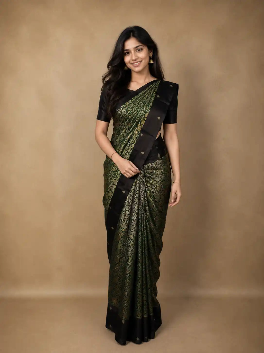 Dark Green Floral Zari Woven Design Pure Kanchipuram Silk Saree with Contrast Maroon Border