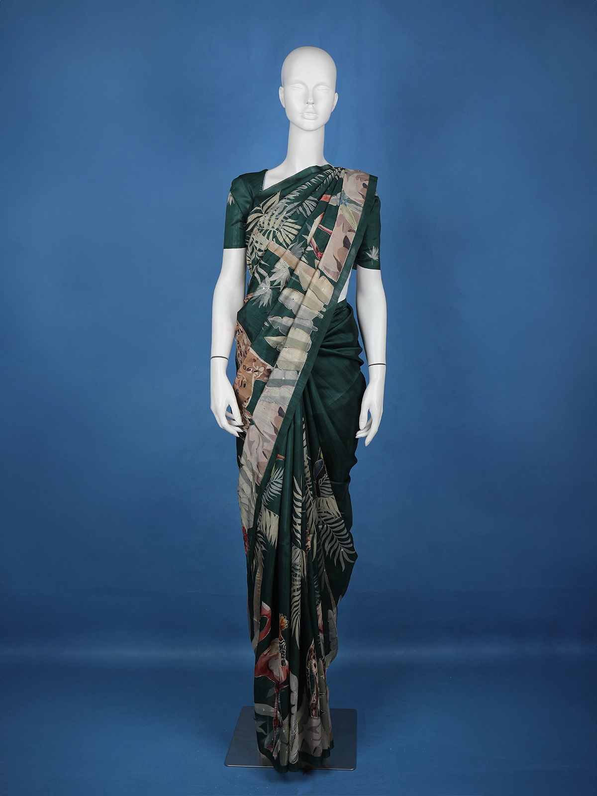 Dark Green Floral and Bird Designed Semi Tussar Saree - Diadem