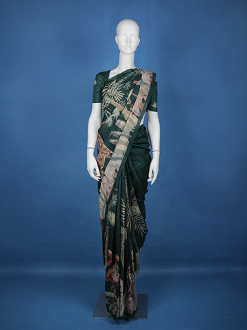 Dark Green Floral and Bird Designed Semi Tussar Saree - Diadem