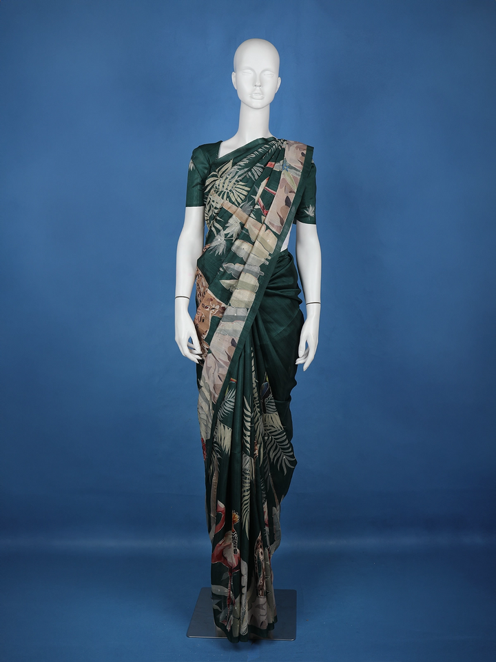 Dark Green Floral and Bird Designed Semi Tussar Saree - Diadem
