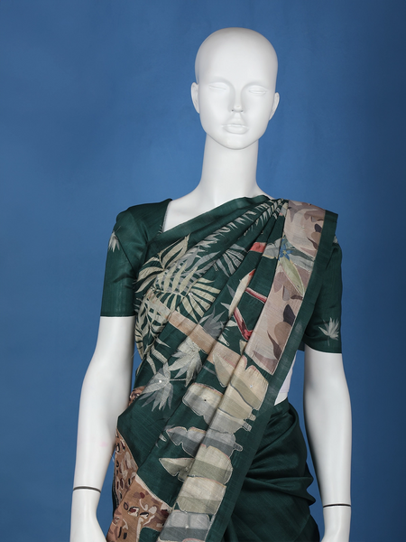 Dark Green Floral and Bird Designed Semi Tussar Saree - Diadem