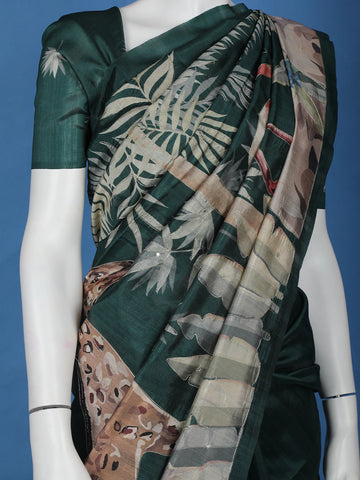Dark Green Floral and Bird Designed Semi Tussar Saree - Diadem