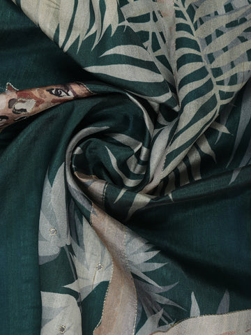 Dark Green Floral and Bird Designed Semi Tussar Saree - Diadem