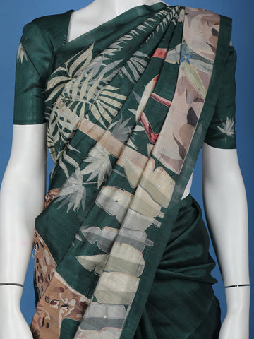 Dark Green Floral and Bird Designed Semi Tussar Saree - Diadem
