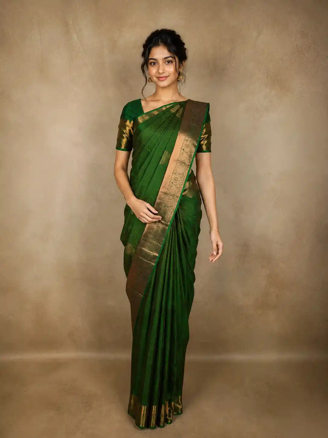 Dark Green Geometric Zari Woven Design Pure Kanchipuram Silk Saree with Zari Border