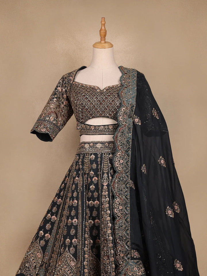 Dark Green Georgette Floral Designed Bridal Lehenga - Diadem