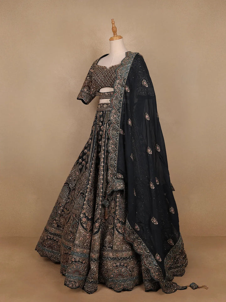 Dark Green Georgette Floral Designed Bridal Lehenga - Diadem