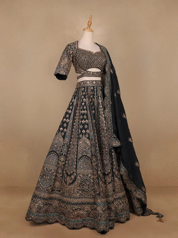 Dark Green Georgette Floral Designed Bridal Lehenga - Diadem