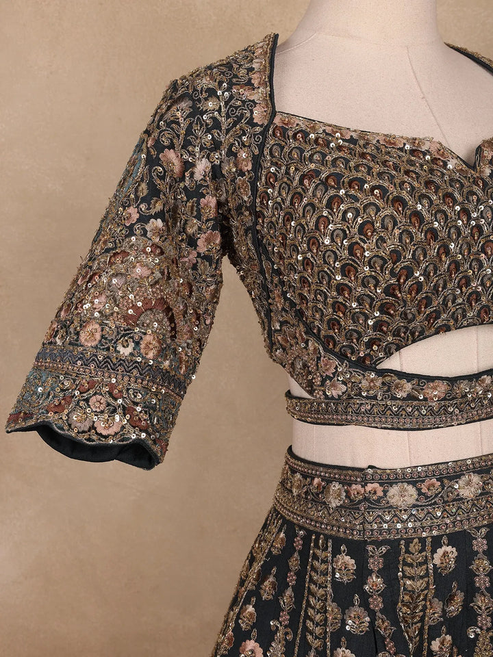 Dark Green Georgette Floral Designed Bridal Lehenga - Diadem