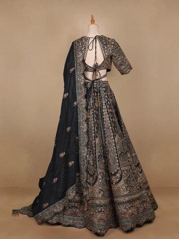 Dark Green Georgette Floral Designed Bridal Lehenga - Diadem