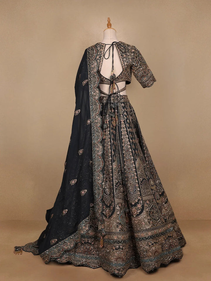 Dark Green Georgette Floral Designed Bridal Lehenga - Diadem