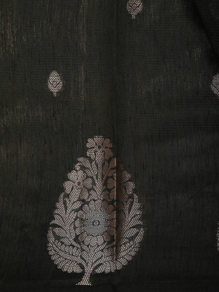 Dark Green Leaf Motif Woven Banarasi Silk Saree - Diadem