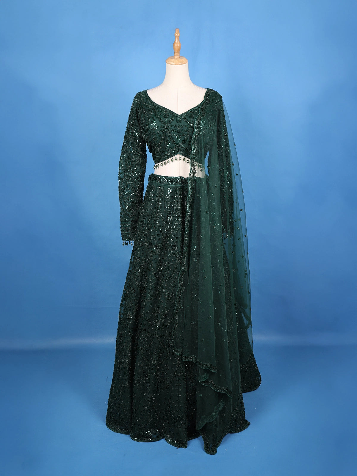 Dark Green Net Sequins And Floral Embroidery Bridesmaid Lehenga - Diadem