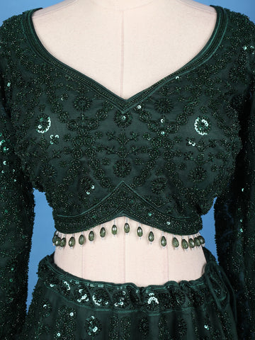 Dark Green Net Sequins And Floral Embroidery Bridesmaid Lehenga - Diadem