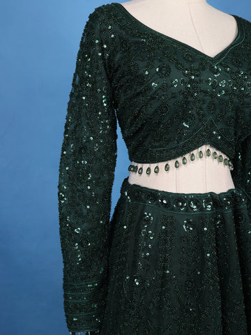 Dark Green Net Sequins And Floral Embroidery Bridesmaid Lehenga - Diadem