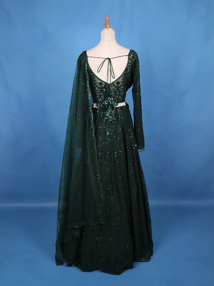 Dark Green Net Sequins And Floral Embroidery Bridesmaid Lehenga - Diadem