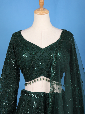 Dark Green Net Sequins And Floral Embroidery Bridesmaid Lehenga - Diadem