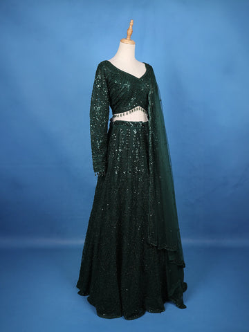 Dark Green Net Sequins And Floral Embroidery Bridesmaid Lehenga - Diadem