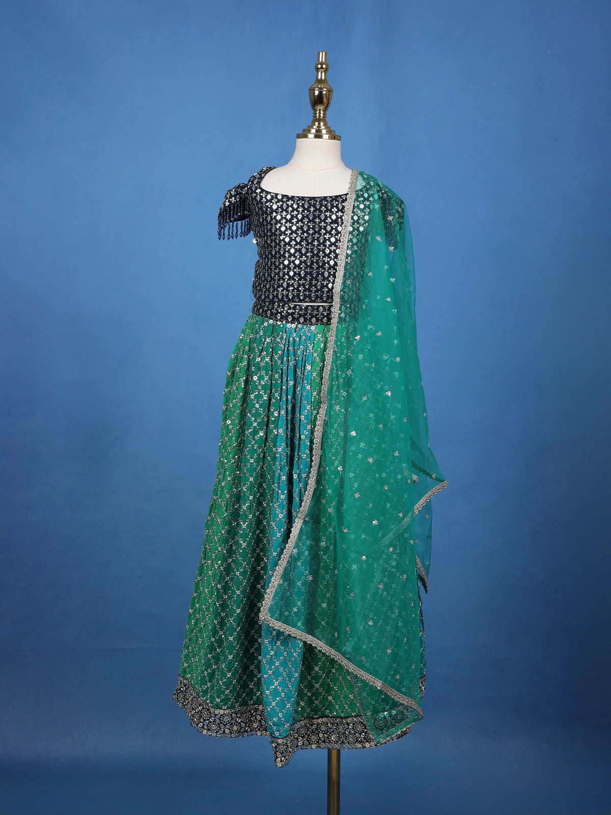 Dark Green Sequins Beaded Net Lehenga Paired with Dupatta