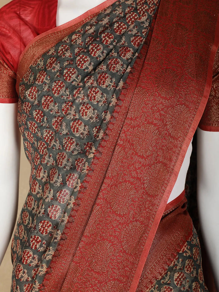 Dark Grey Floral Designed Chanderi Cotton Saree - Diadem