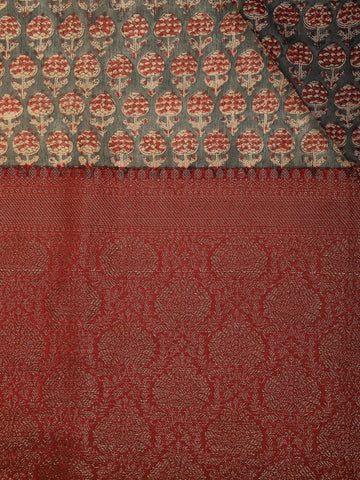 Dark Grey Floral Designed Chanderi Cotton Saree - Diadem