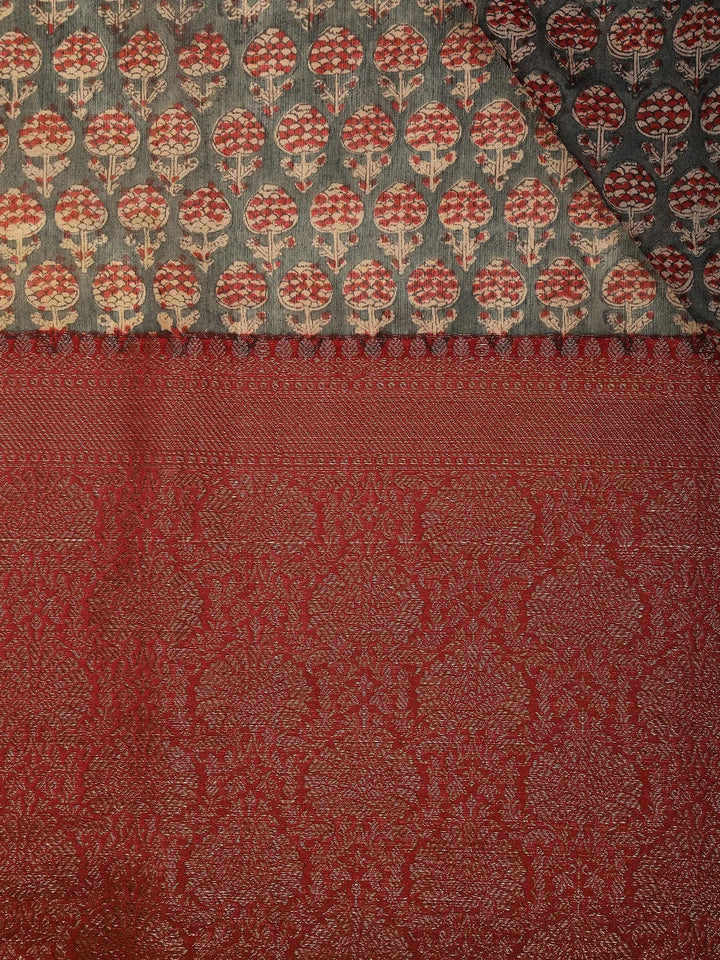 Dark Grey Floral Designed Chanderi Cotton Saree - Diadem