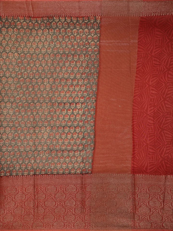 Dark Grey Floral Designed Chanderi Cotton Saree - Diadem