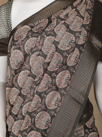 Dark Grey Floral Designed Chanderi Cotton Saree - Diadem