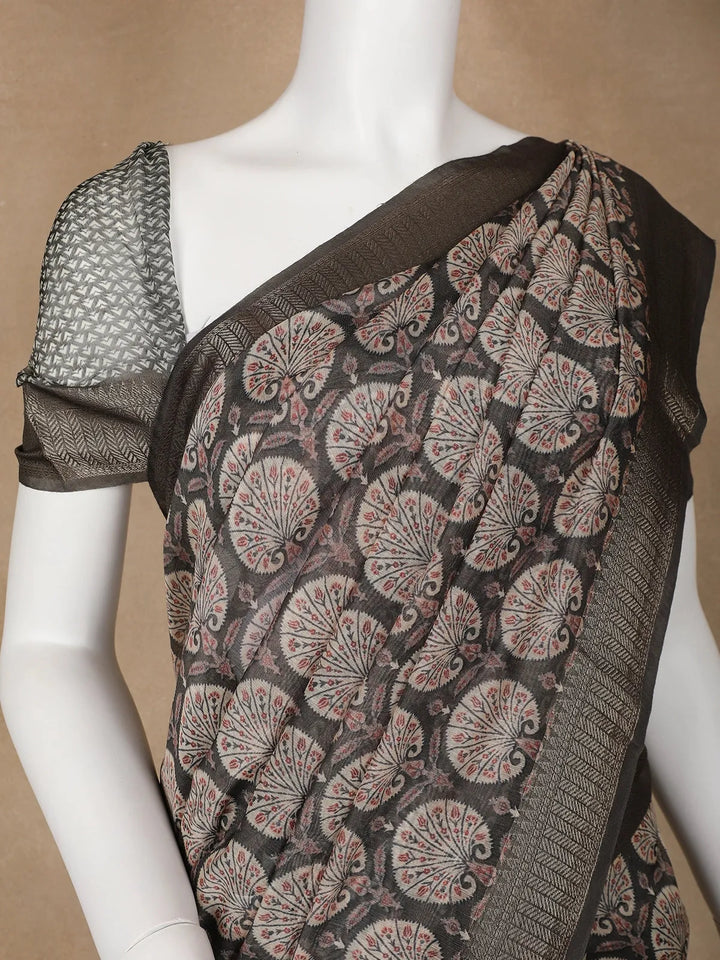 Dark Grey Floral Designed Chanderi Cotton Saree - Diadem