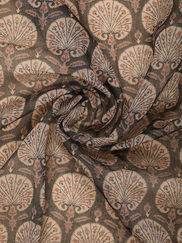 Dark Grey Floral Designed Chanderi Cotton Saree - Diadem