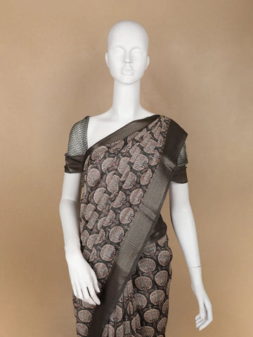 Dark Grey Floral Designed Chanderi Cotton Saree - Diadem