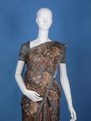 Dark Grey Floral Designed Semi Tussar Saree - Diadem