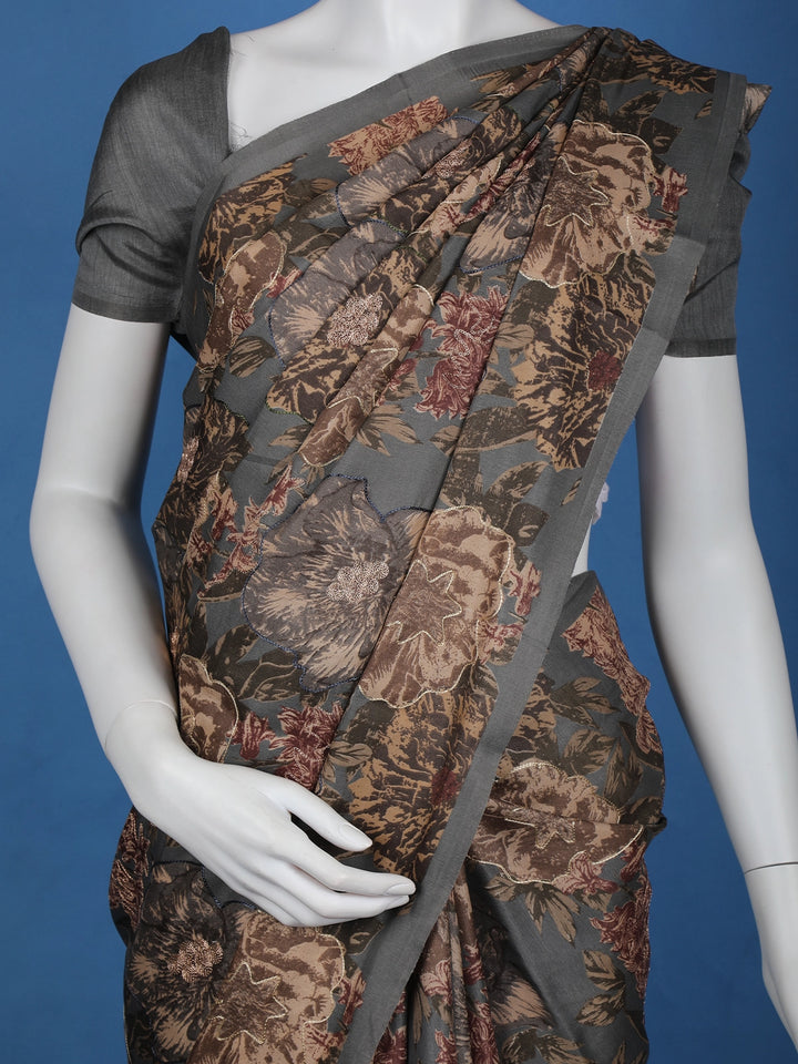 Dark Grey Floral Designed Semi Tussar Saree - Diadem