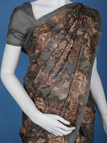 Dark Grey Floral Designed Semi Tussar Saree - Diadem