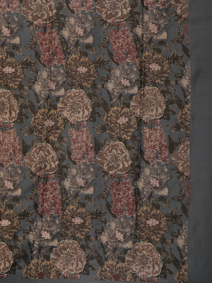 Dark Grey Floral Designed Semi Tussar Saree - Diadem